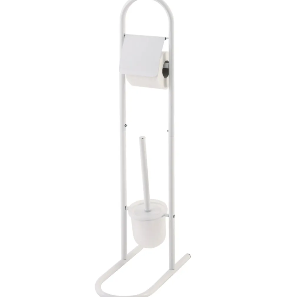 PIANTANA PORTA ROTOLO CON SCOPINO DA BAGNO METALLO LUCIDO BIANCO BAGNO WC 80 CM