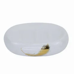PIATTINO PER SAPONE IN CERAMICA BIANCA CON PIUMA ORO PORTASAPONETTA BAGNO 59896