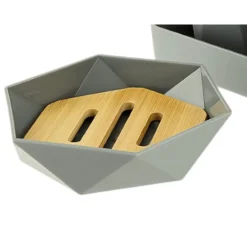 PIATTINO PORTA SAPONE SAPONETTA FORMA ESAGONALE GEOMETRICO GRIGIO LEGNO DA BAGNO 10848