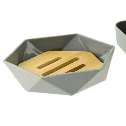 PIATTINO PORTA SAPONE SAPONETTA FORMA ESAGONALE GEOMETRICO GRIGIO LEGNO DA BAGNO 10848