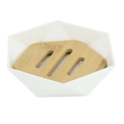 PIATTINO PORTA SAPONE SAPONETTA FORMA ESAGONALE GEOMETRICO BIANCO LEGNO DA BAGNO 10838