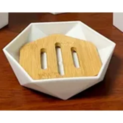 PIATTINO PORTA SAPONE SAPONETTA FORMA ESAGONALE GEOMETRICO BIANCO LEGNO DA BAGNO 10838