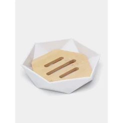 PIATTINO PORTA SAPONE SAPONETTA FORMA ESAGONALE GEOMETRICO BIANCO LEGNO DA BAGNO 10838