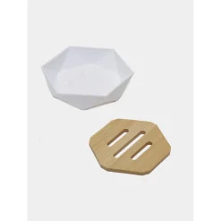 PIATTINO PORTA SAPONE SAPONETTA FORMA ESAGONALE GEOMETRICO BIANCO LEGNO DA BAGNO 10838