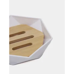 PIATTINO PORTA SAPONE SAPONETTA FORMA ESAGONALE GEOMETRICO BIANCO LEGNO DA BAGNO 10838