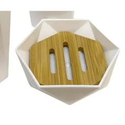 PIATTINO PORTA SAPONE SAPONETTA FORMA ESAGONALE GEOMETRICO BIANCO LEGNO DA BAGNO 10838