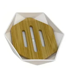 PIATTINO PORTA SAPONE SAPONETTA FORMA ESAGONALE GEOMETRICO BIANCO LEGNO DA BAGNO 10838