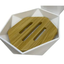 PIATTINO PORTA SAPONE SAPONETTA FORMA ESAGONALE GEOMETRICO BIANCO LEGNO DA BAGNO 10838