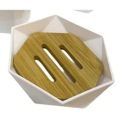PIATTINO PORTA SAPONE SAPONETTA FORMA ESAGONALE GEOMETRICO BIANCO LEGNO DA BAGNO 10838