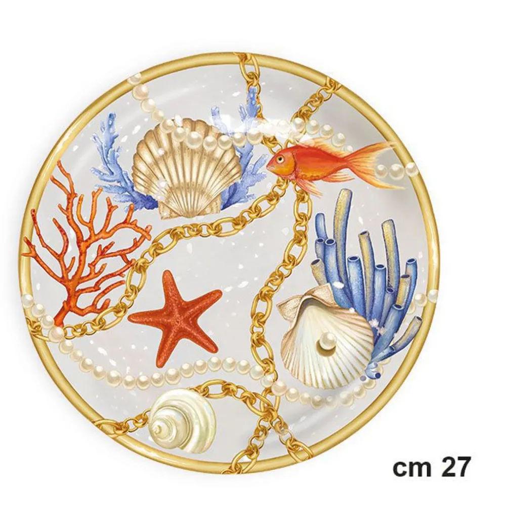 PIATTO PIANO DA PORTATA CON CONCHIGLIE CORALLI STILE MARINO CENTROTAVOLA DIAM 27