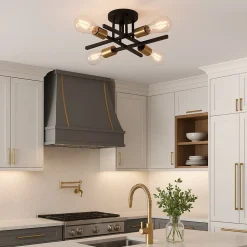 PLAFONIERA A SOFFITTO DESIGN INDUSTRIALE MODERNA NERO ORO 4 PORTALAMPADA ATTACCO E27 PN-16