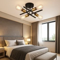 PLAFONIERA A SOFFITTO DESIGN INDUSTRIALE MODERNA NERO ORO 4 PORTALAMPADA ATTACCO E27 PN-16