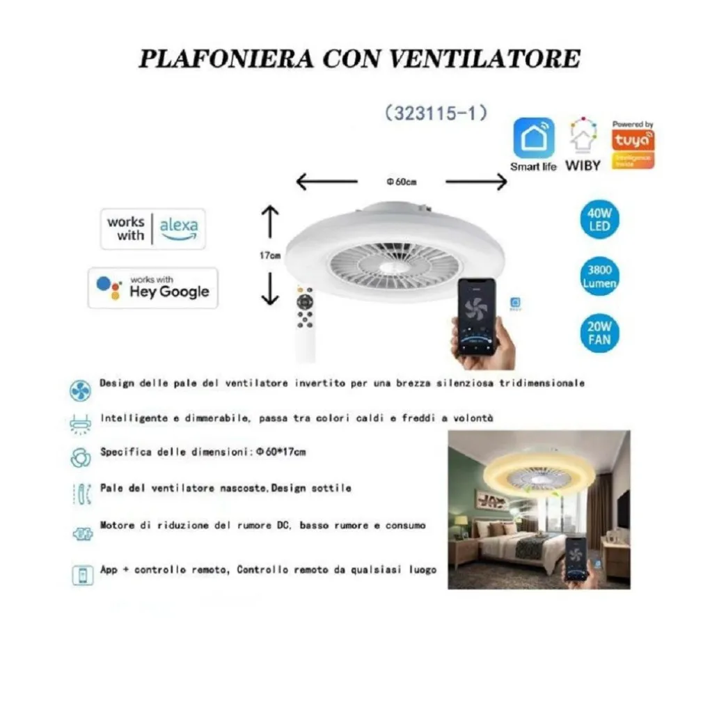 PLAFONIERA CON VENTILATORE DIMMERABILE 40W SILENSIOSO APP TELECOMANDO 323115-1