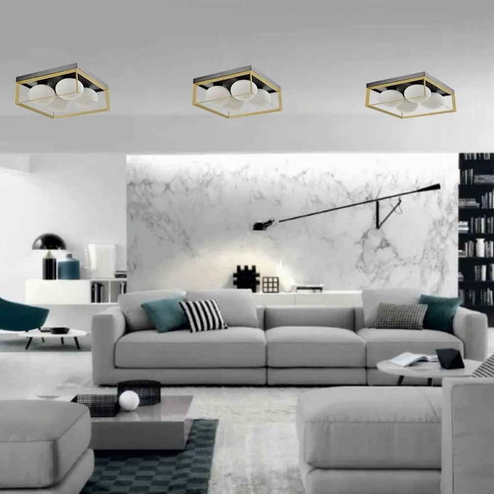 PLAFONIERA DA SOFFITTO LAMPADA IN METALLO NERO BRONZO CON 4 SFERE VETRO G9 C76-4