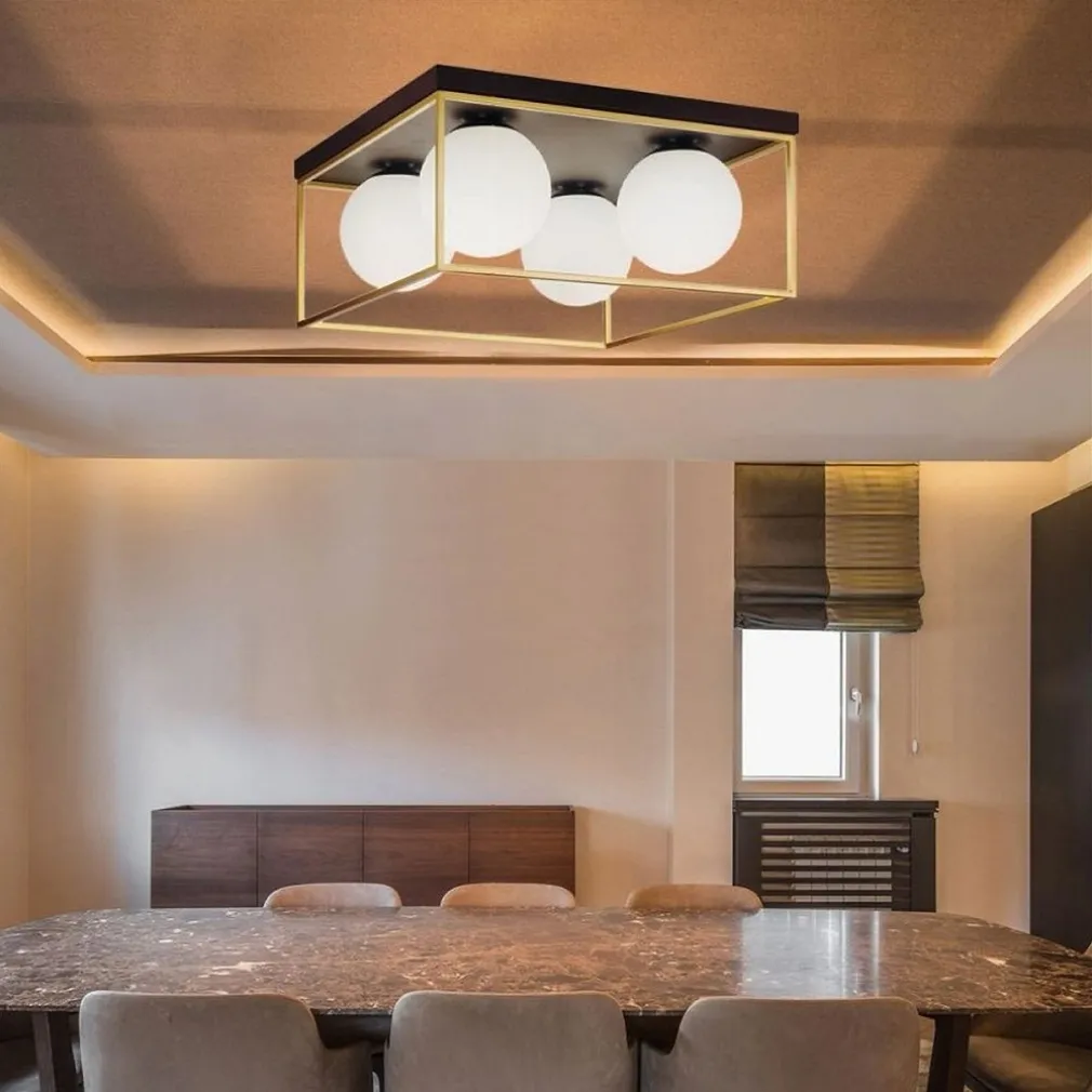 PLAFONIERA DA SOFFITTO LAMPADA IN METALLO NERO BRONZO CON 4 SFERE VETRO G9 C76-4