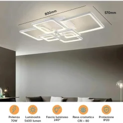PLAFONIERA LED 70W CCT DA 3000K A 6500K 6 QUADRATI LAMPADA GEOMETRICA SOFFITTO C26-B3C