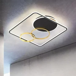 PLAFONIERA LED 55W QUADRATO CON CERCHI NERO ORO LAMPADA SOFFITTO LUCE 6500K 70906