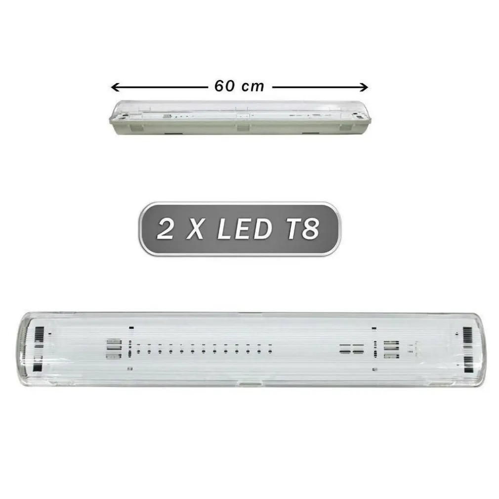 PLAFONIERA STAGNA 2 NEON LED TUBO T8 G13 60 CM DA PARETE SOFFITTO IP65 T8-60S