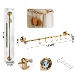 PORTA ASCIUGAMANI 6 GANCI SUPPORTO ARREDO BAGNO CASA CUCINA DORATO ORO DGO-100