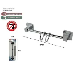 PORTA ASCIUGAMANI CON 2 GANCI APPENDINI FISSAGGIO A PARETE BAGNO SQUARE 59194