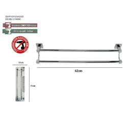 PORTA ASCIUGAMANI DOPPIO IN ACCIAIO BAGNO FISSAGGIO A PARETE 60CM SQUARE 59192