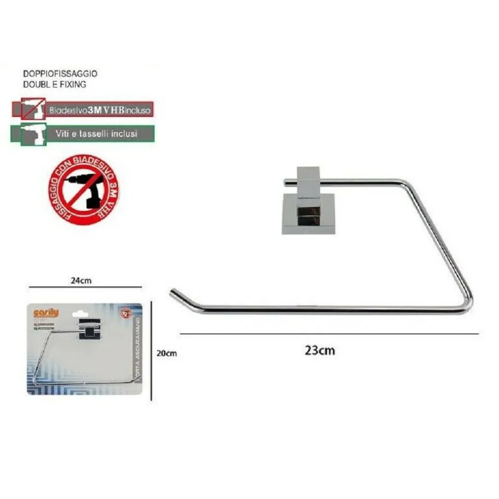 PORTA ASCIUGAMANO ASCIUGAMANI DOPPIO FISSAGGIO A PARETE BAGNO SQUARE 23CM 59182
