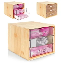 PORTA GIOIELLI COSMETICI CON 3 CASSETTI ORGANIZZATORE CASA IN LEGNO 12.3X15.3X11 CM 10830