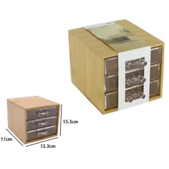 PORTA GIOIELLI COSMETICI CON 3 CASSETTI ORGANIZZATORE CASA IN LEGNO 12.3X15.3X11 CM 10830