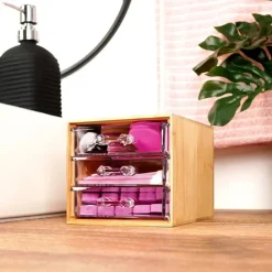 PORTA GIOIELLI COSMETICI CON 3 CASSETTI ORGANIZZATORE CASA IN LEGNO 12.3X15.3X11 CM 10830