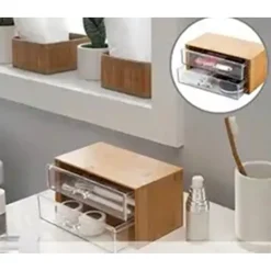 PORTA GIOIELLI COSMETICI CON 2 CASSETTI ORGANIZZATORE CASA IN LEGNO 19X11.7X9.6 CM 10829