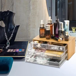 PORTA GIOIELLI COSMETICI CON 4 CASSETTI ORGANIZZATORE CASA IN LEGNO 24.3X15.3X11CM 10832