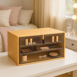 PORTA GIOIELLI COSMETICI CON 4 CASSETTI ORGANIZZATORE CASA IN LEGNO 24.3X15.3X11CM 10832