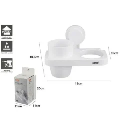 PORTA PHON CON BICCHIERE PORTA SPAZZOLINI A VENTOSA BIANCO ACCESSORI BAGNO 59547