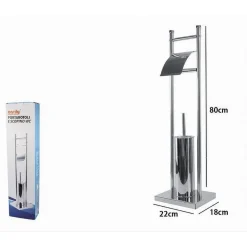 PORTA ROTOLO CON SCOPINO PORTASCOPINO ACCIAIO QUADRATO ACCESSORIO BAGNO WC 59966