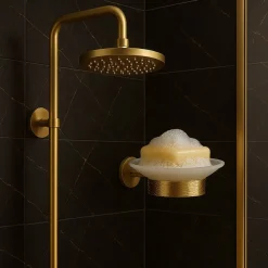 PORTA SAPONE IN ACCIAIO ORO CON PIATTINO VETRO SATINATO ACCESSORIO DA BAGNO 87927