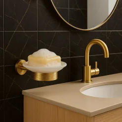 PORTA SAPONE IN ACCIAIO ORO CON PIATTINO VETRO SATINATO ACCESSORIO DA BAGNO 87927
