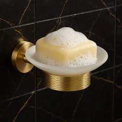PORTA SAPONE IN ACCIAIO ORO CON PIATTINO VETRO SATINATO ACCESSORIO DA BAGNO 87927