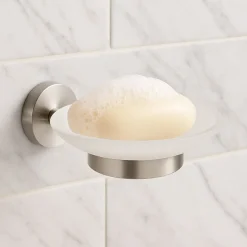PORTA SAPONE IN ACCIAIO SATINATO CON PIATTINO VETRO SATINATO ACCESSORI DA BAGNO 87905