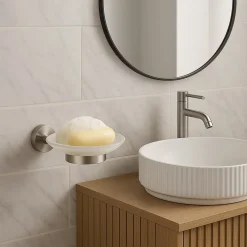 PORTA SAPONE IN ACCIAIO SATINATO CON PIATTINO VETRO SATINATO ACCESSORI DA BAGNO 87905