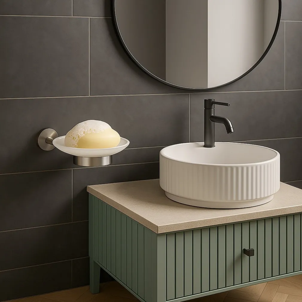 PORTA SAPONE IN ACCIAIO SATINATO CON PIATTINO VETRO SATINATO ACCESSORI DA BAGNO 87905