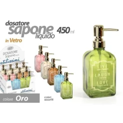 PORTA SAPONE LIQUIDO DOSATORE DISPENSER 450ML 18CM VETRO COLORI ASSORTITI 819308