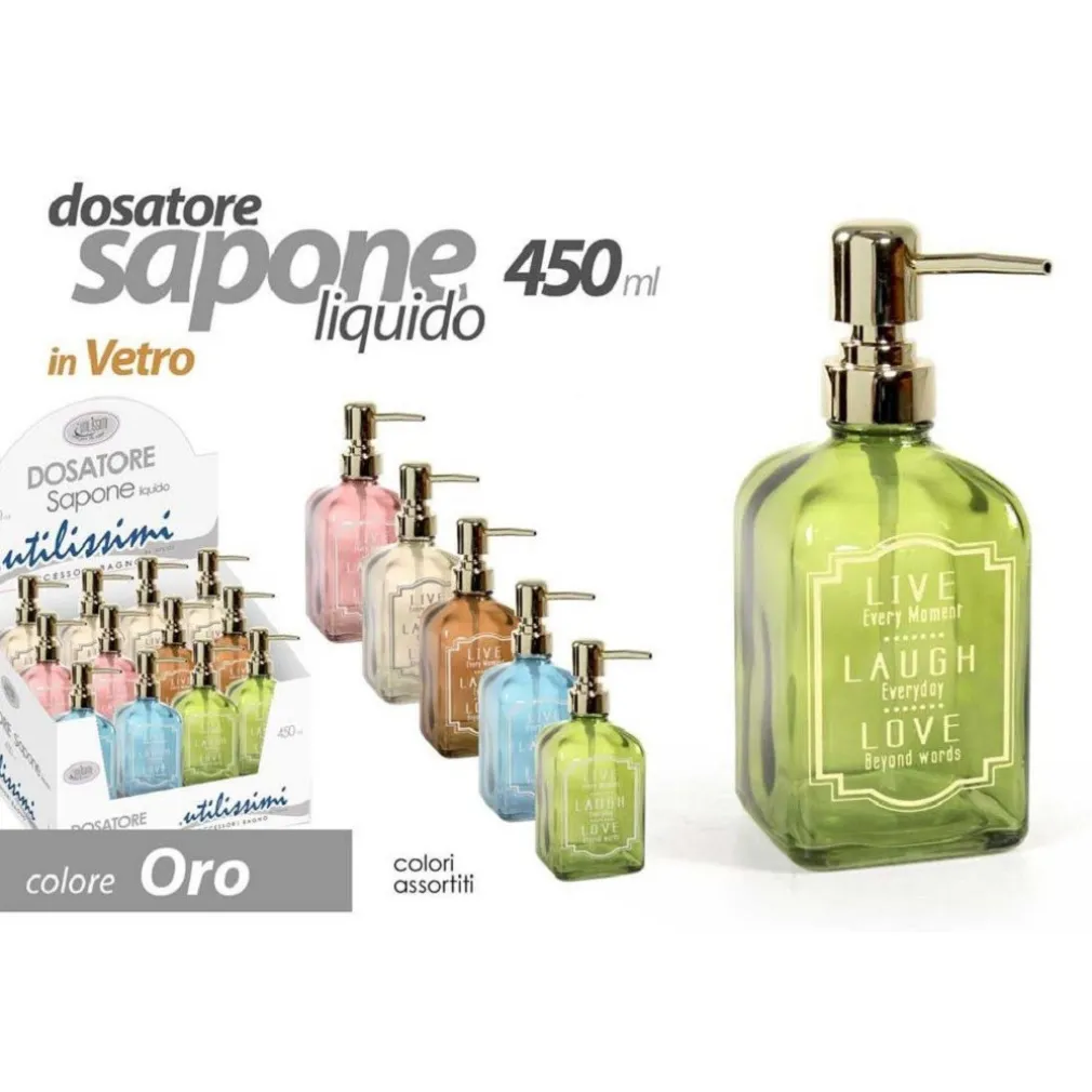 PORTA SAPONE LIQUIDO DOSATORE DISPENSER 450ML 18CM VETRO COLORI ASSORTITI 819308