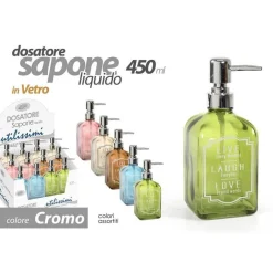 PORTA SAPONE LIQUIDO DOSATORE DISPENSER 450 ML 18CM IN VETRO VARI COLORI 819292