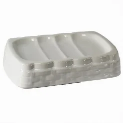 PORTA SAPONE SAPONETTA STILE VIMINI RATTAN BIANCO IN CERAMICA ARREDO BAGNO 10349