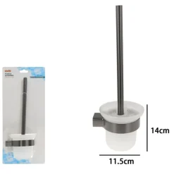 PORTA SCOPINO CON BICCHIERE VETRO SATINATO A PARETE STILIZZATO ACCIAIO GRIGIO BAGNO 87945