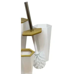 PORTA SCOPINO ESAGONALE GEOMETRICO BIANCO LEGNO CON SCOPETTINO SPAZZOLONE WC BAGNO 10839