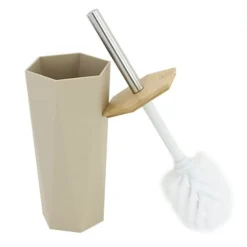 PORTA SCOPINO ESAGONALE GEOMETRICO BEIGE LEGNO CON SCOPETTINO SPAZZOLONE WC BAGNO 10844