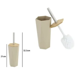 PORTA SCOPINO ESAGONALE GEOMETRICO BEIGE LEGNO CON SCOPETTINO SPAZZOLONE WC BAGNO 10844