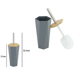 PORTA SCOPINO ESAGONALE GEOMETRICO GRIGIO LEGNO CON SCOPETTINO SPAZZOLONE WC BAGNO 10849