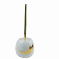 PORTA SCOPINO IN CERAMICA BIANCA DECORATO CON PIUMA ORO ACCESSORIO BAGNO 59897